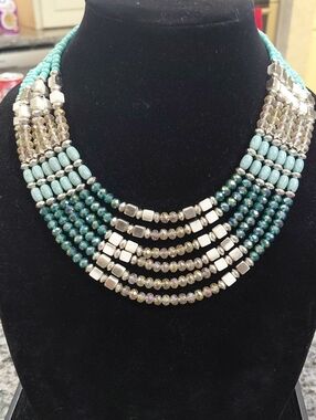 Multistrand Turquoise and Iridescent Beaded Statement Necklace, 17in Long.....